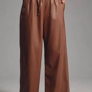 Anthropologie Exquise Brenna Faux Leather Wide-Leg Pants Brown trousers NWT